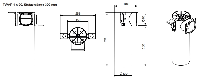 Zehnder Luftdurchlassgehäuse TVA-P 90, DN 125, 1 x 90 mit Montagewinkel, Höhe 400 mm