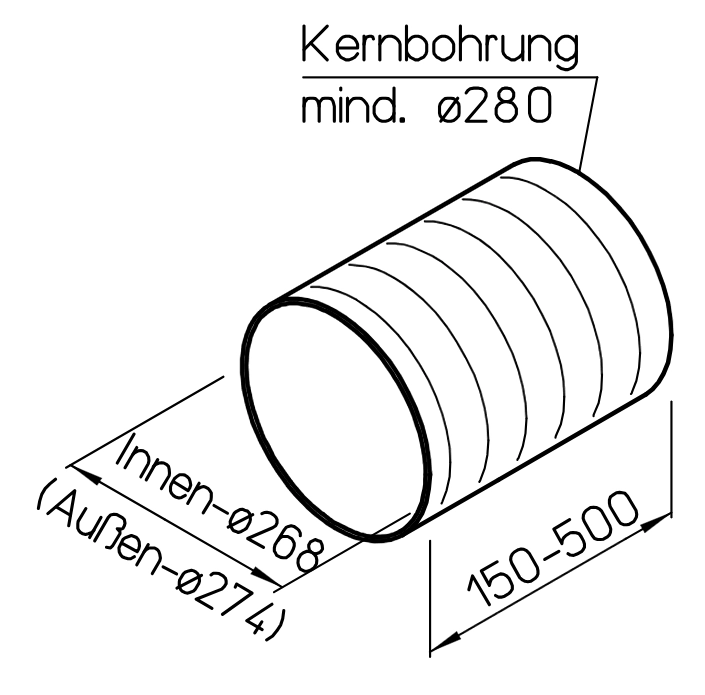 Helios WER 225/250, Wand-Rohrhülse ND 250 mm Länge: flexibel, max. 500 mm HE/WER/225/250