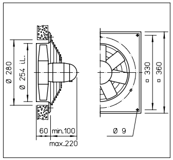 Helios HQD 250/2, Axial-Hochleistungsventilator 3-PH, mit Gitter HE/HQD/250/2