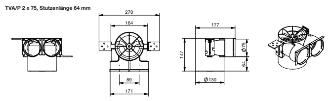 Zehnder Luftdurchlassgehäuse TVA-P 75, DN 125 / 2 x 75 mit Montagewinkel, Höhe 150 mm