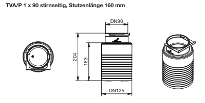 Zehnder Luftdurchlassgehäuse TVA-P 75 DN 125, 1 x 90, stirnseitig